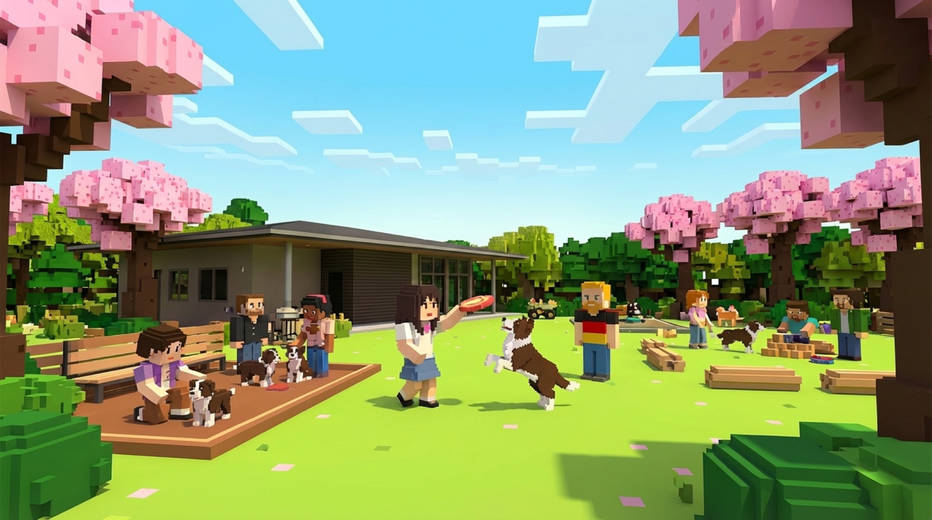 ROSCH Craft ゲーム画面 — ボクセルワールドに広がる桜と緑豊かな犬舎環境